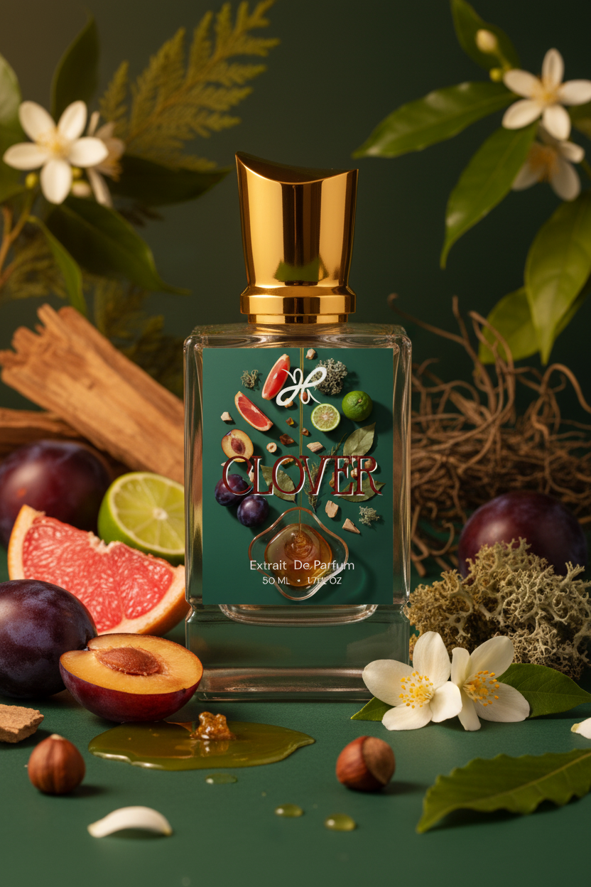 Clover Bottle with Label and Botanical Depth