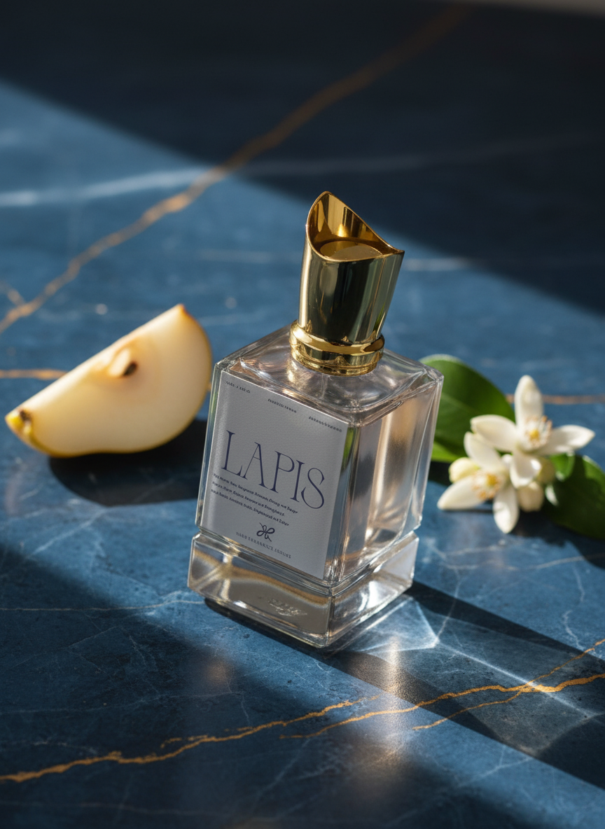 Lapis perfume bottle on blue marble