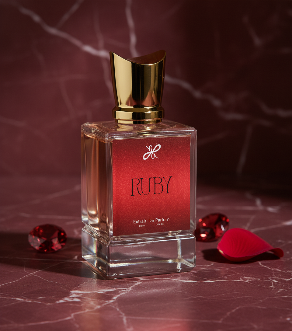 Ruby perfume bottle with actual metallic gradient label